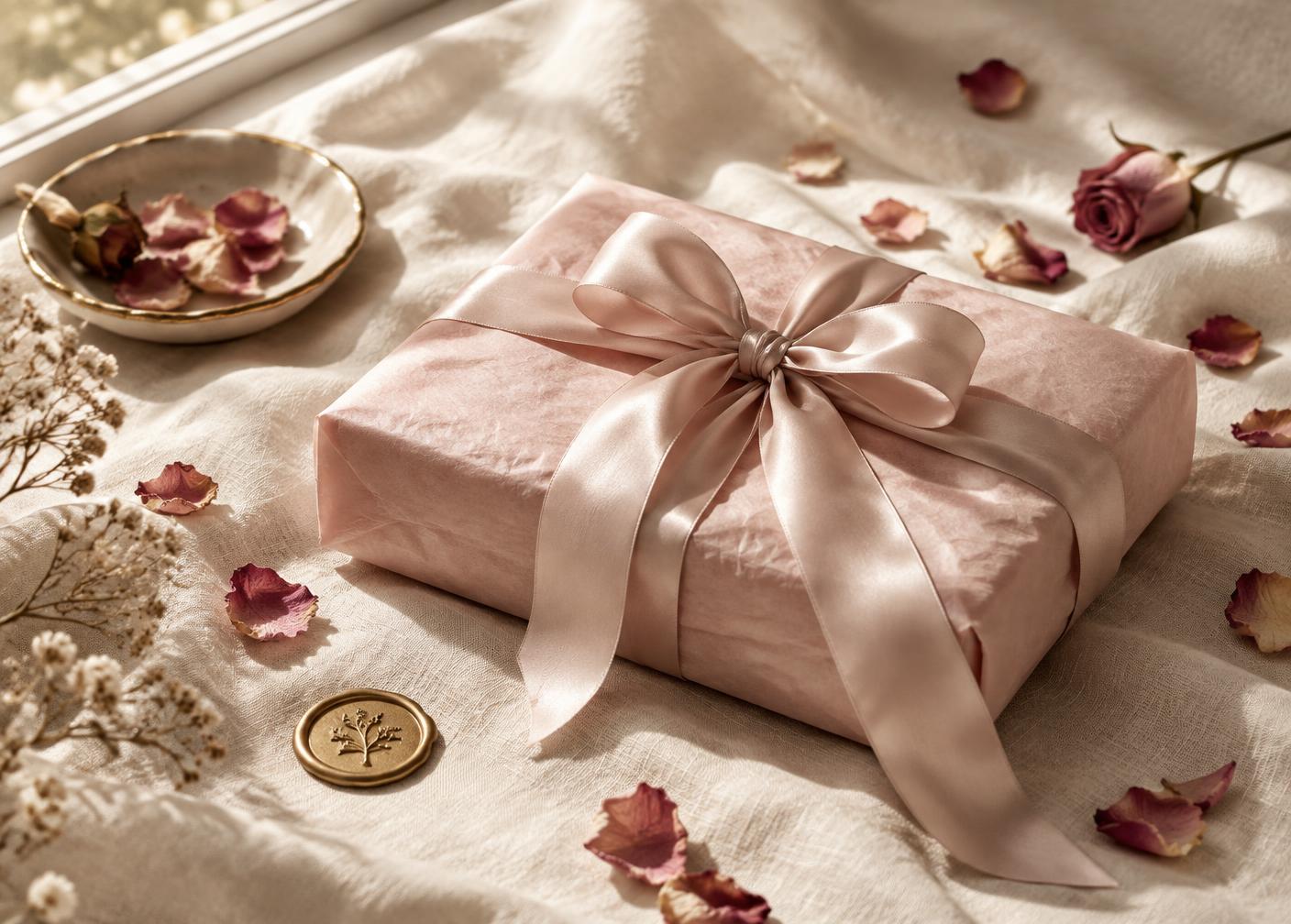 Pacco regalo in carta rosa con nastro di seta e petali di rosa